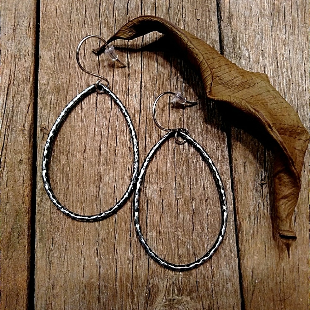 Hammered silver 2" teardrop hoops